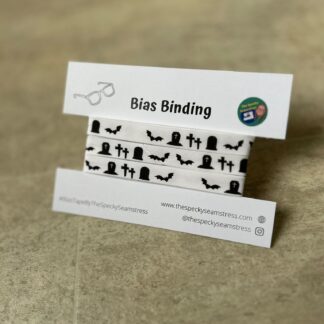 Spooky Graveyard bias wrapped around a white cardboard display card on a cream background.